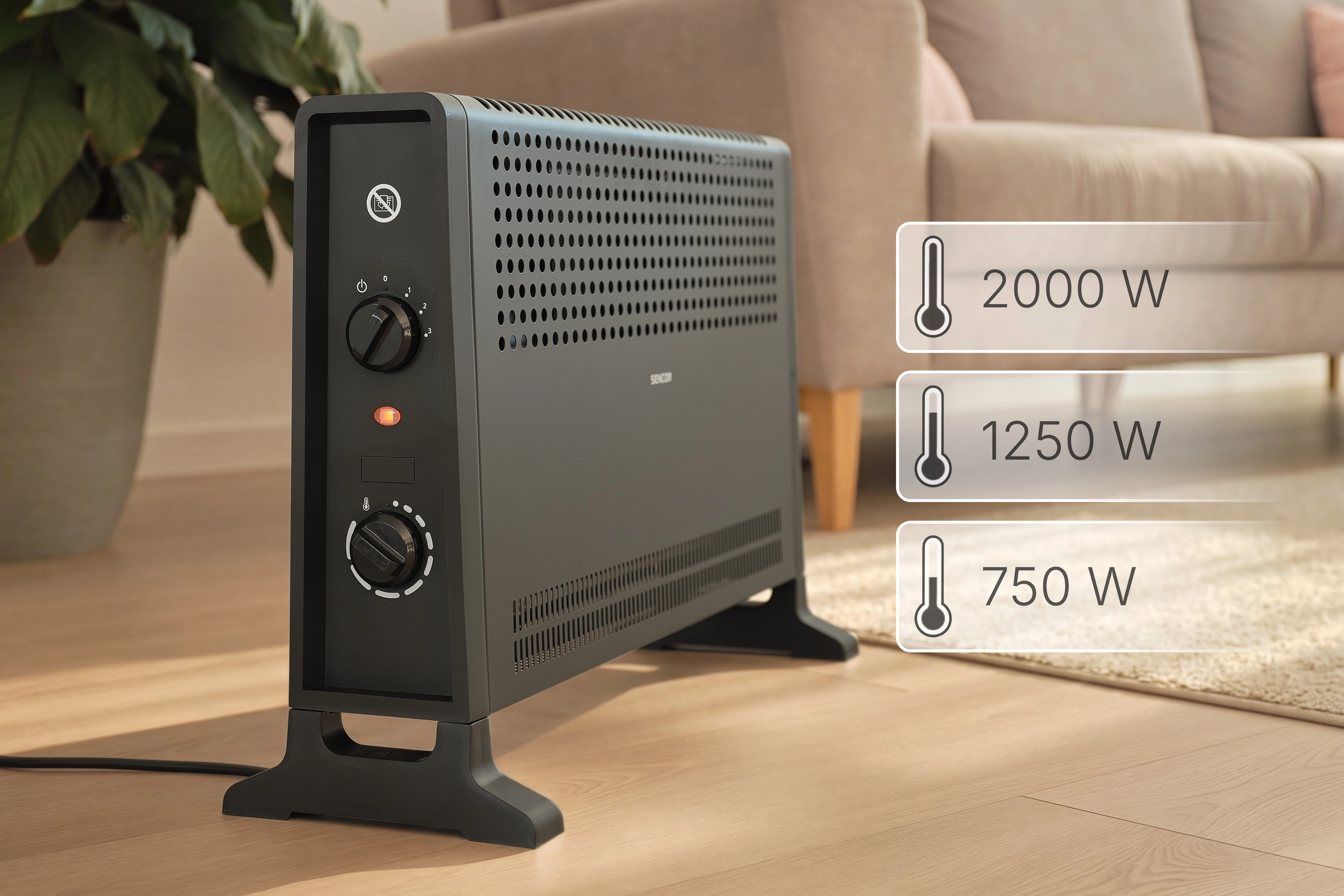 Sencor SCF 2012BK — Wybór 750, 1250 lub 2000 W