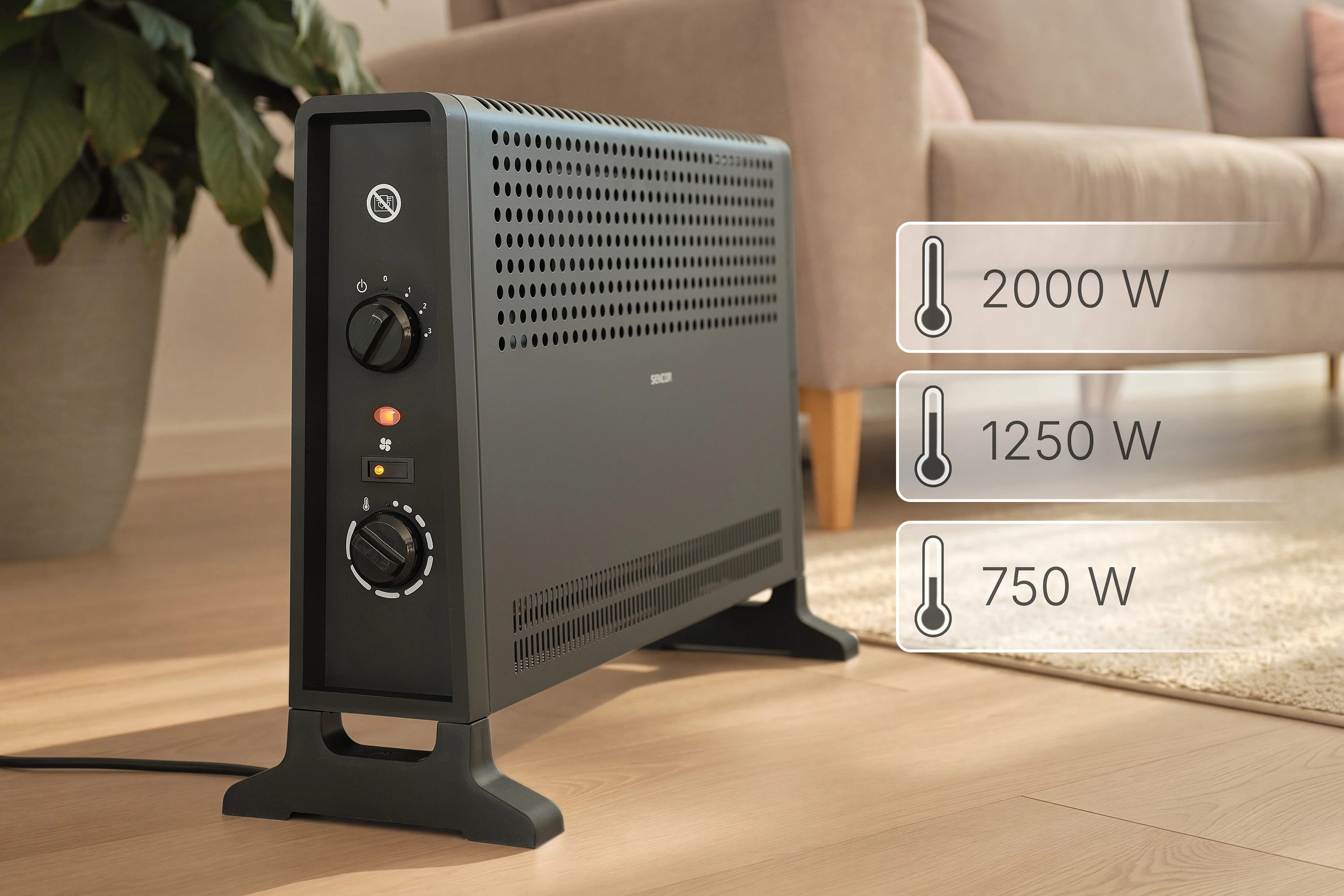 Sencor SCF 2022BK — 750, 1250 i 2000 W do wyboru