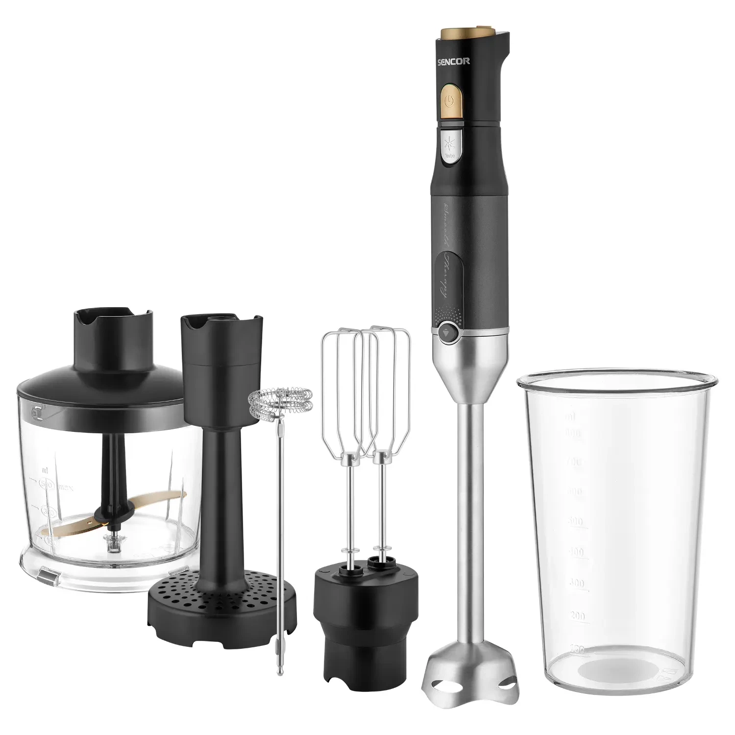 Sencor blender ręczny z tytanowymi nożami quadblade SHB 6442BK, zawartość opakowania