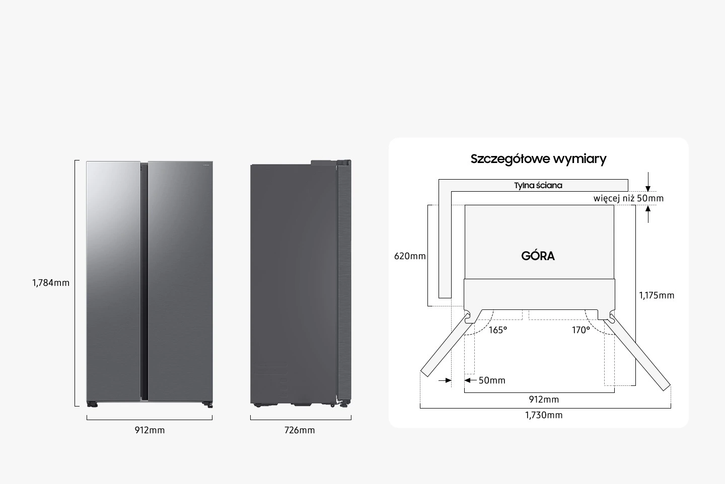 Samsung RS70F65QETEO — Wymiary i przestrzeń do ustawienia