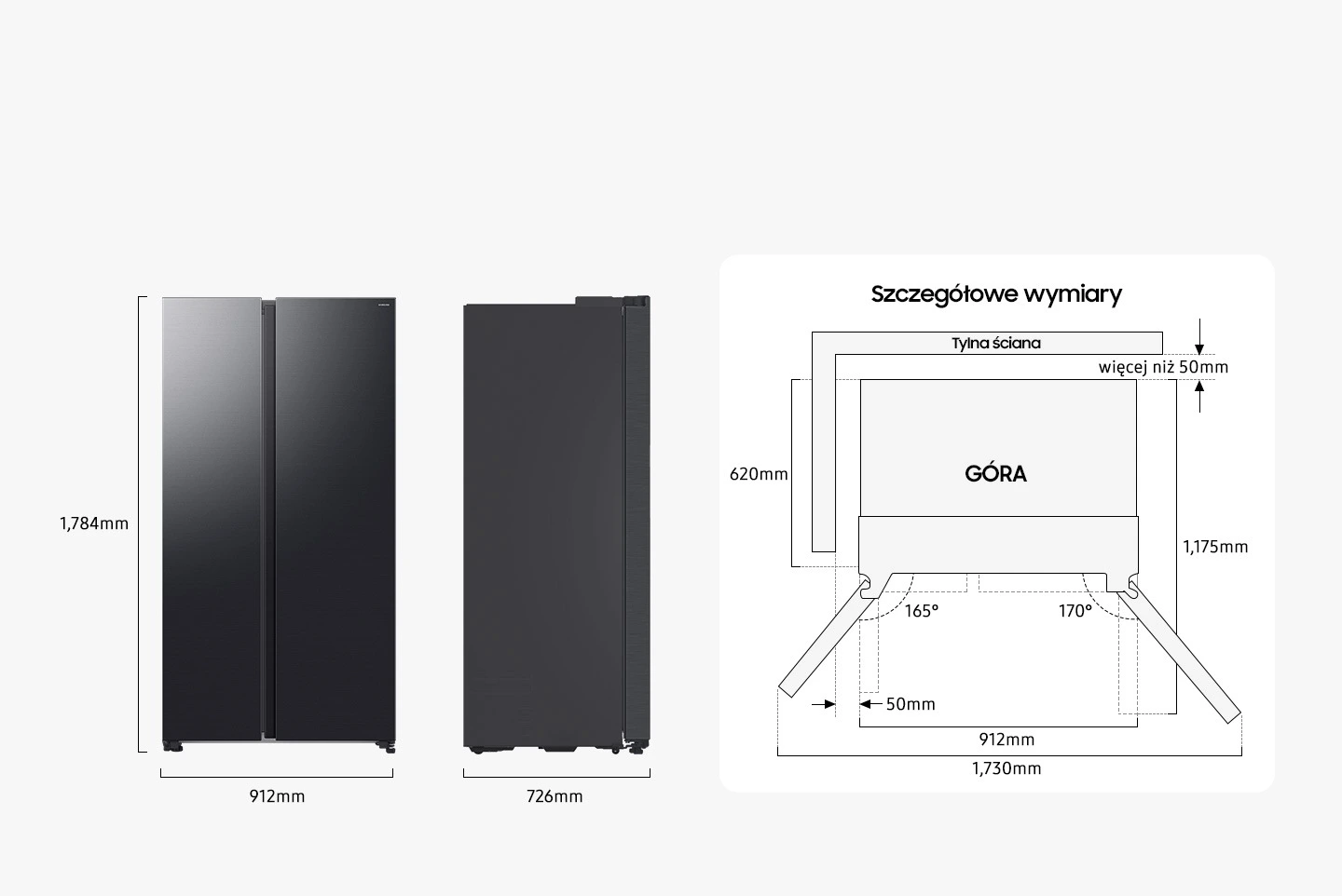 Samsung RS70F65QEFEO — Wymiary i przestrzeń do ustawienia