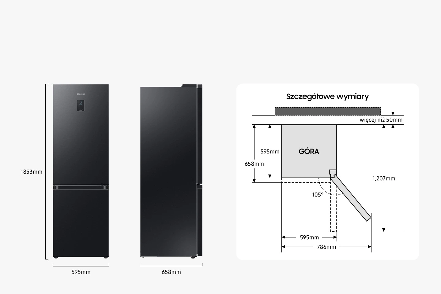 Samsung RB34C672DBN/EF — Wymiary i przestrzeń do ustawienia