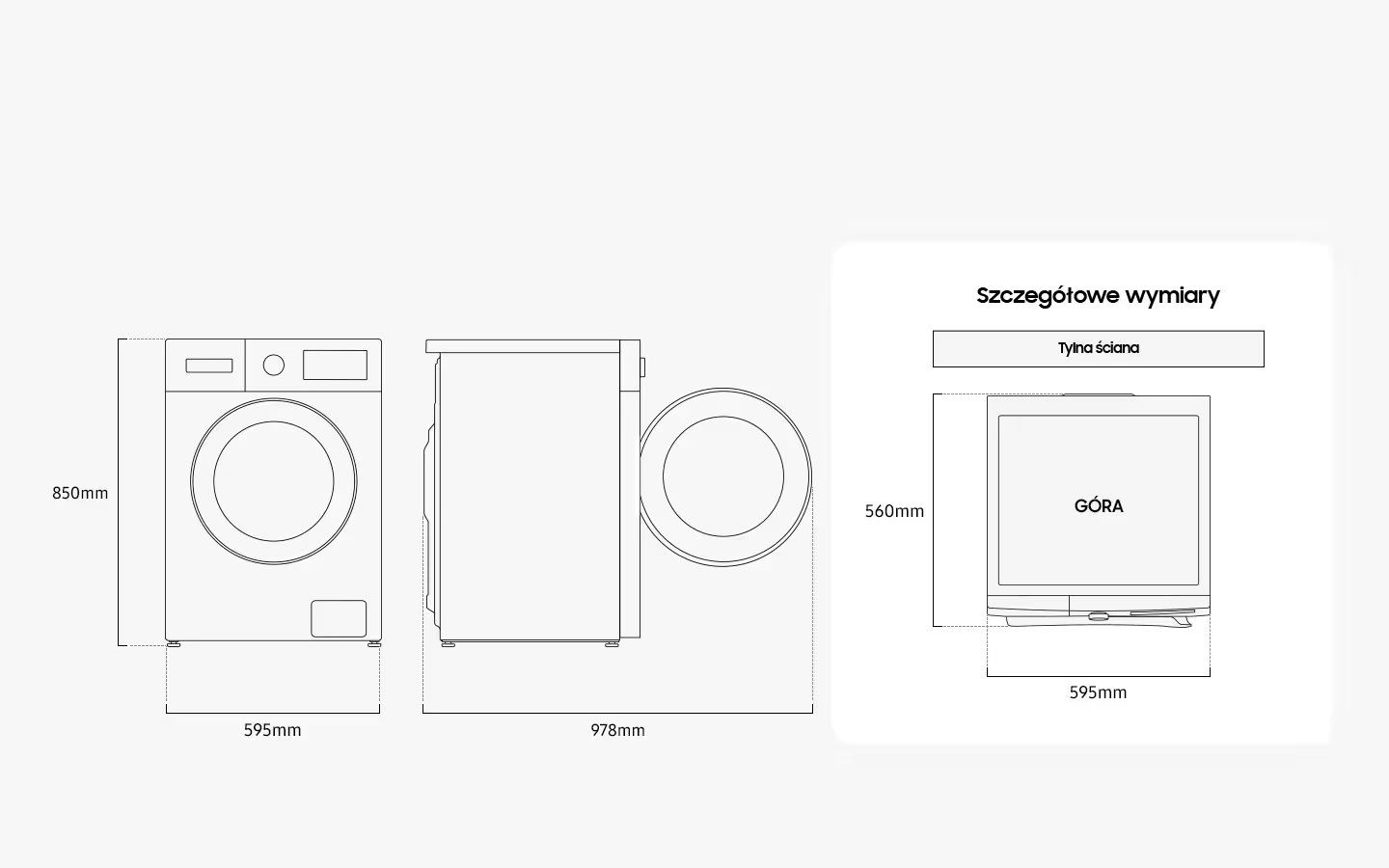 Samsung WW90FG3M05TWEO — Wymiary i przestrzeń do ustawienia
