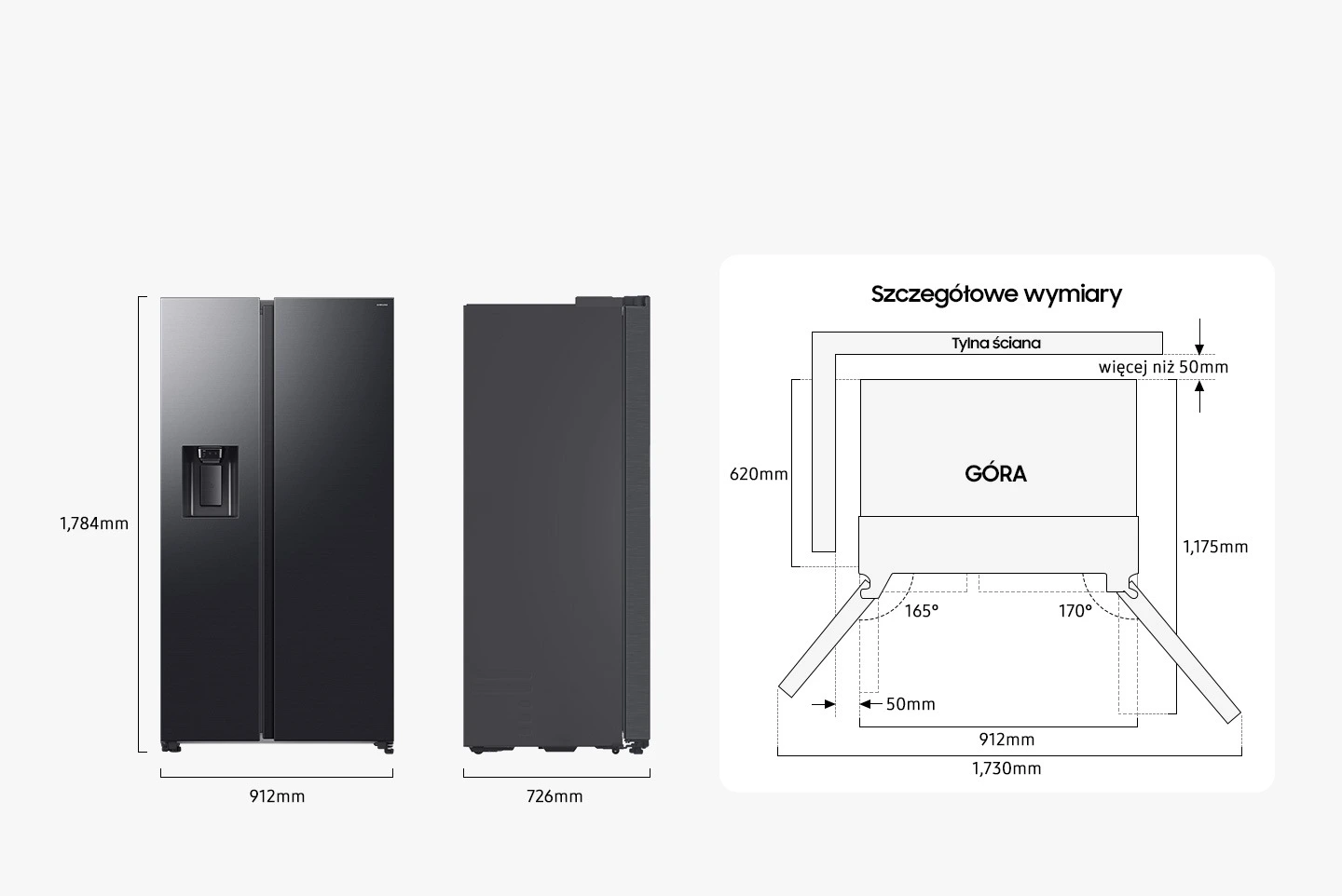 Samsung RS70F65KEFEO — Wymiary i przestrzeń do ustawienia