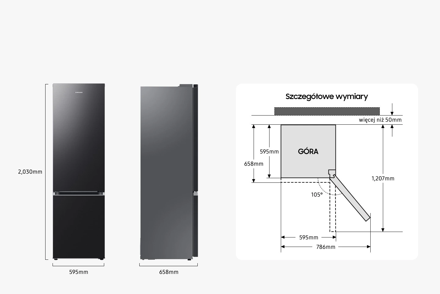 Samsung RB38C600CB1/EF — Wymiary i przestrzeń do ustawienia