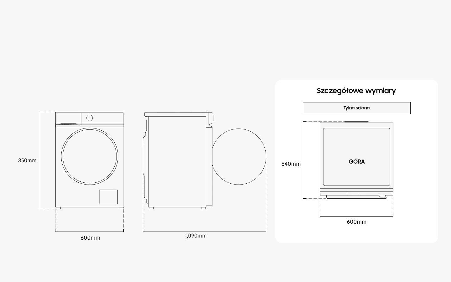 Samsung WD11DB7B85GBU4 — Wymiary i przestrzeń do ustawienia