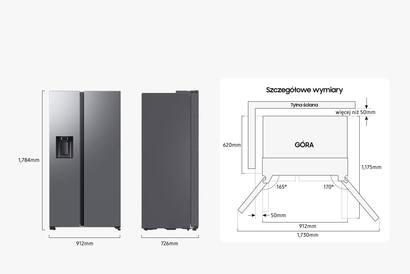 Samsung RS70F65KETEO — Wymiary i przestrzeń do ustawienia