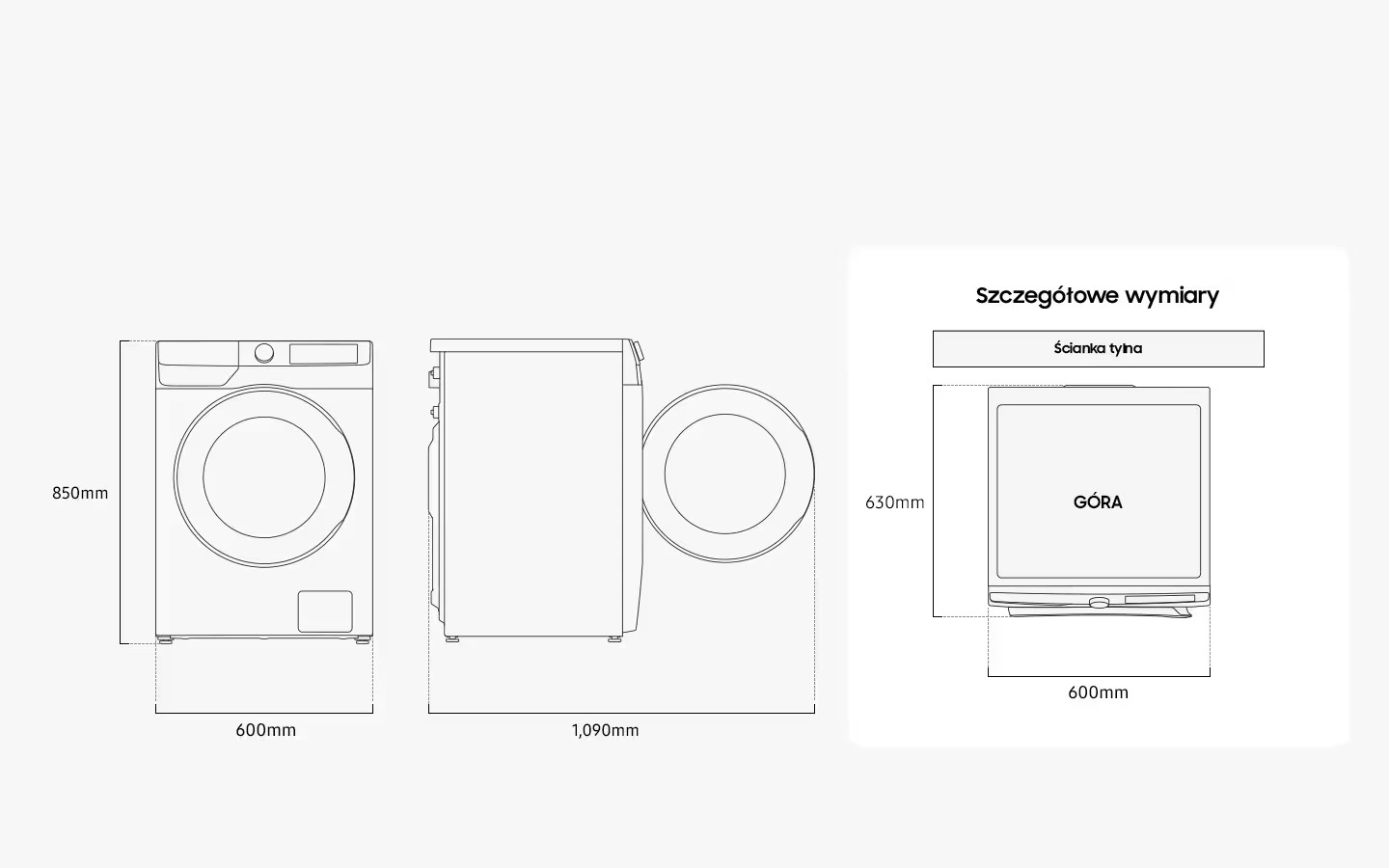 Samsung WW90DG6U25LHU4 — Wymiary i przestrzeń do ustawienia