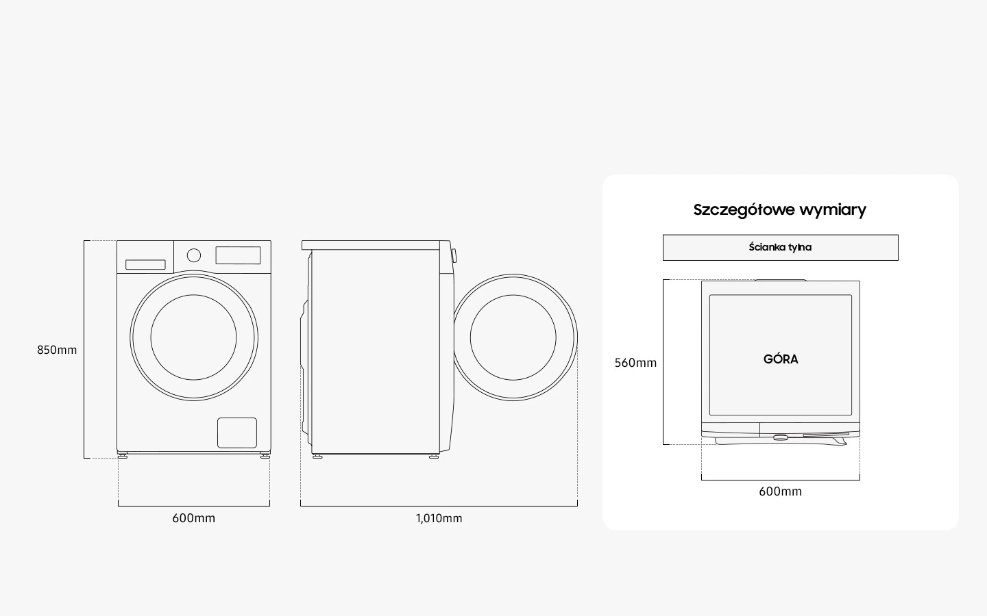Samsung WD90DG5G34BEEO — Wymiary i przestrzeń do ustawienia