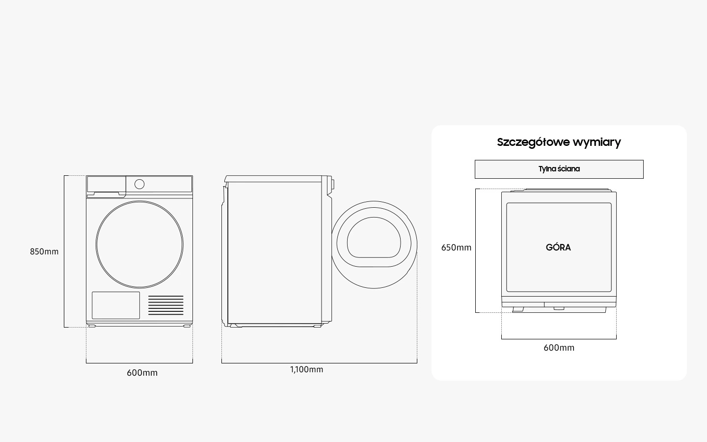 Samsung DV90DB8845GBU4 — Wymiary i przestrzeń do ustawienia