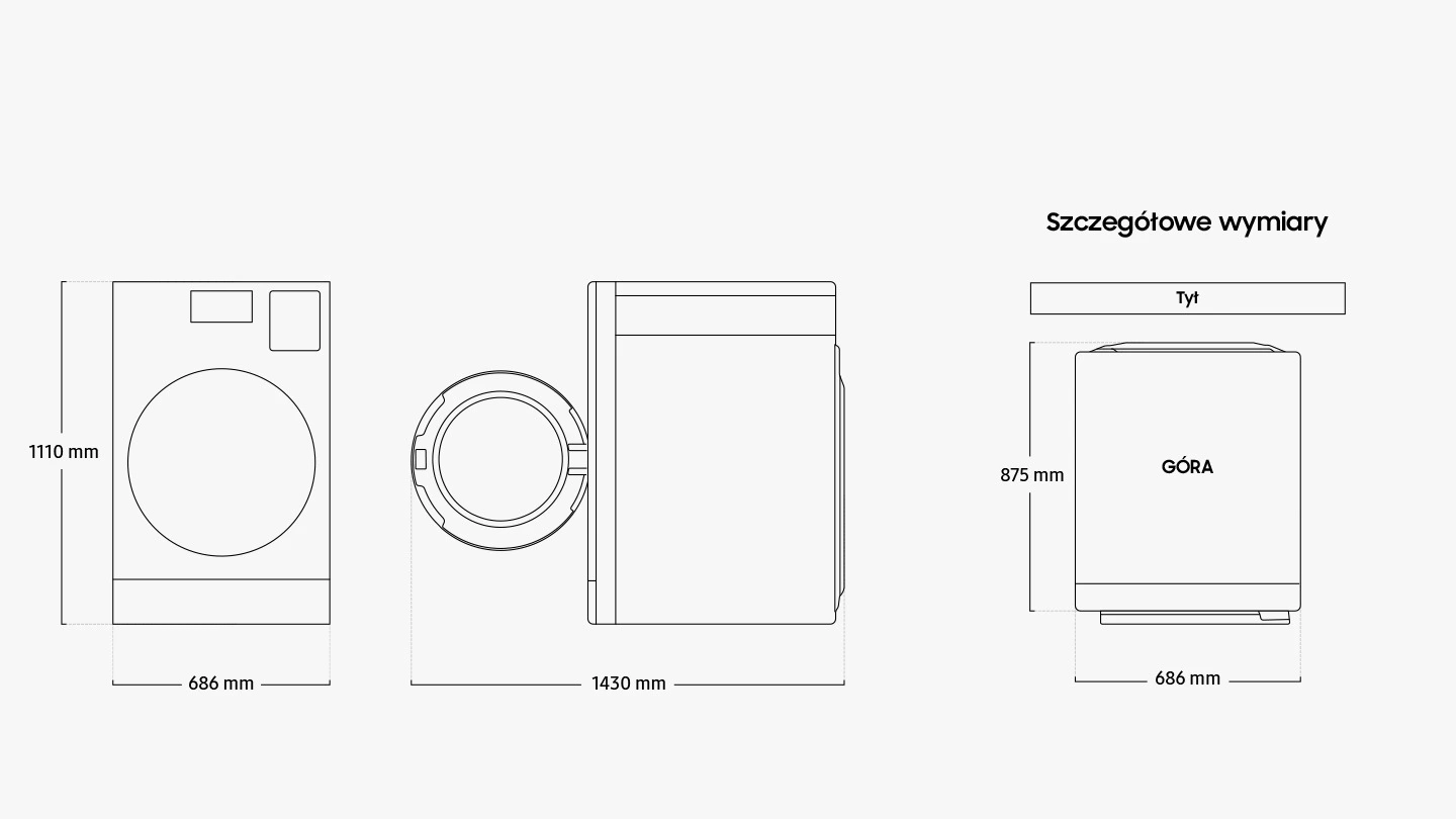 Samsung WD18DB8995BZT2 — Wymiary dużego urządzenia