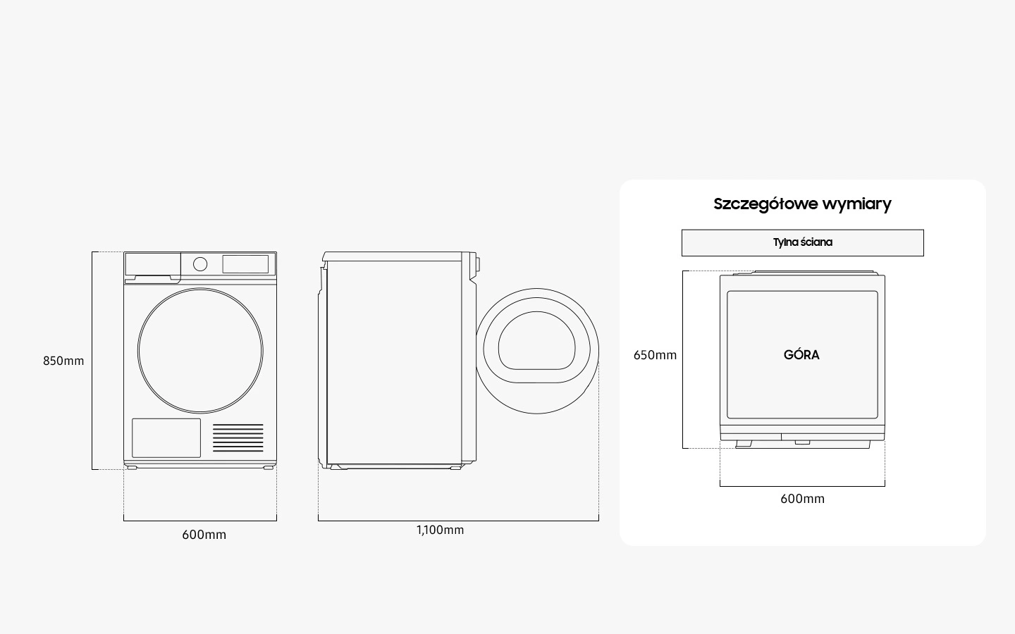Samsung DV90DB7845GWU4 — Wymiary i przestrzeń do ustawienia
