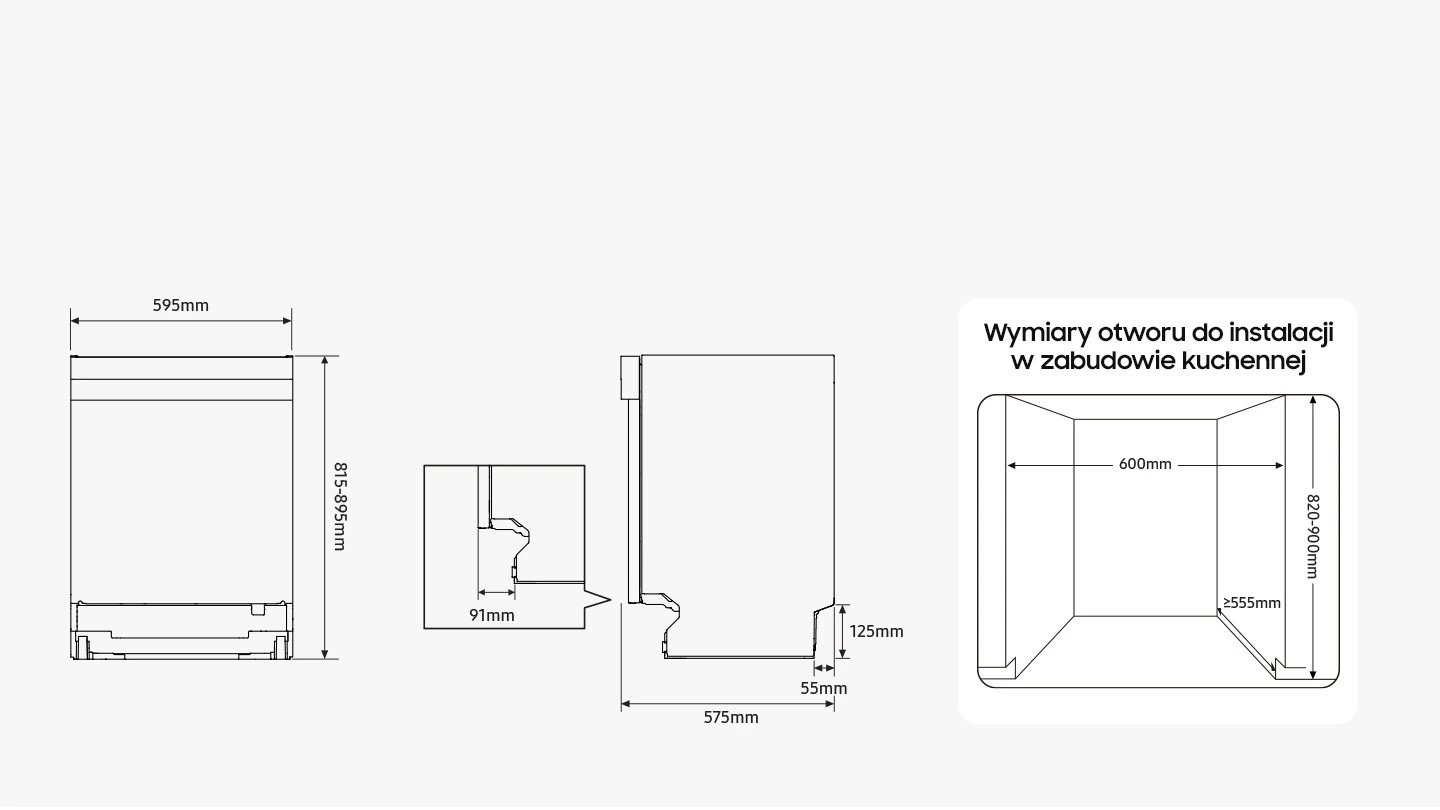 Samsung DW80H73YBUFU1 — Wymiary i przestrzeń do ustawienia