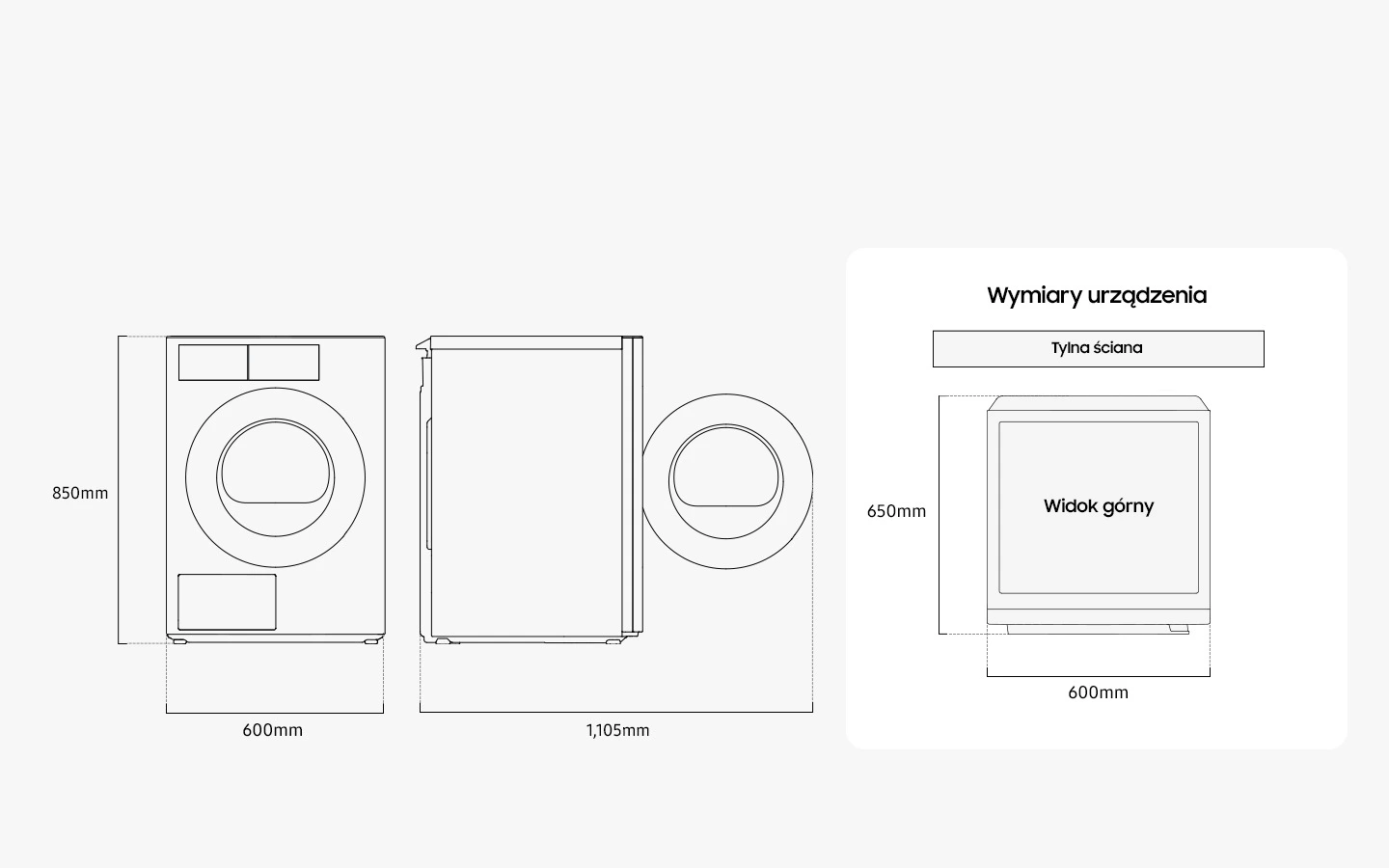 Samsung DV90F09F4SU4 — Wymiary i przestrzeń do ustawienia