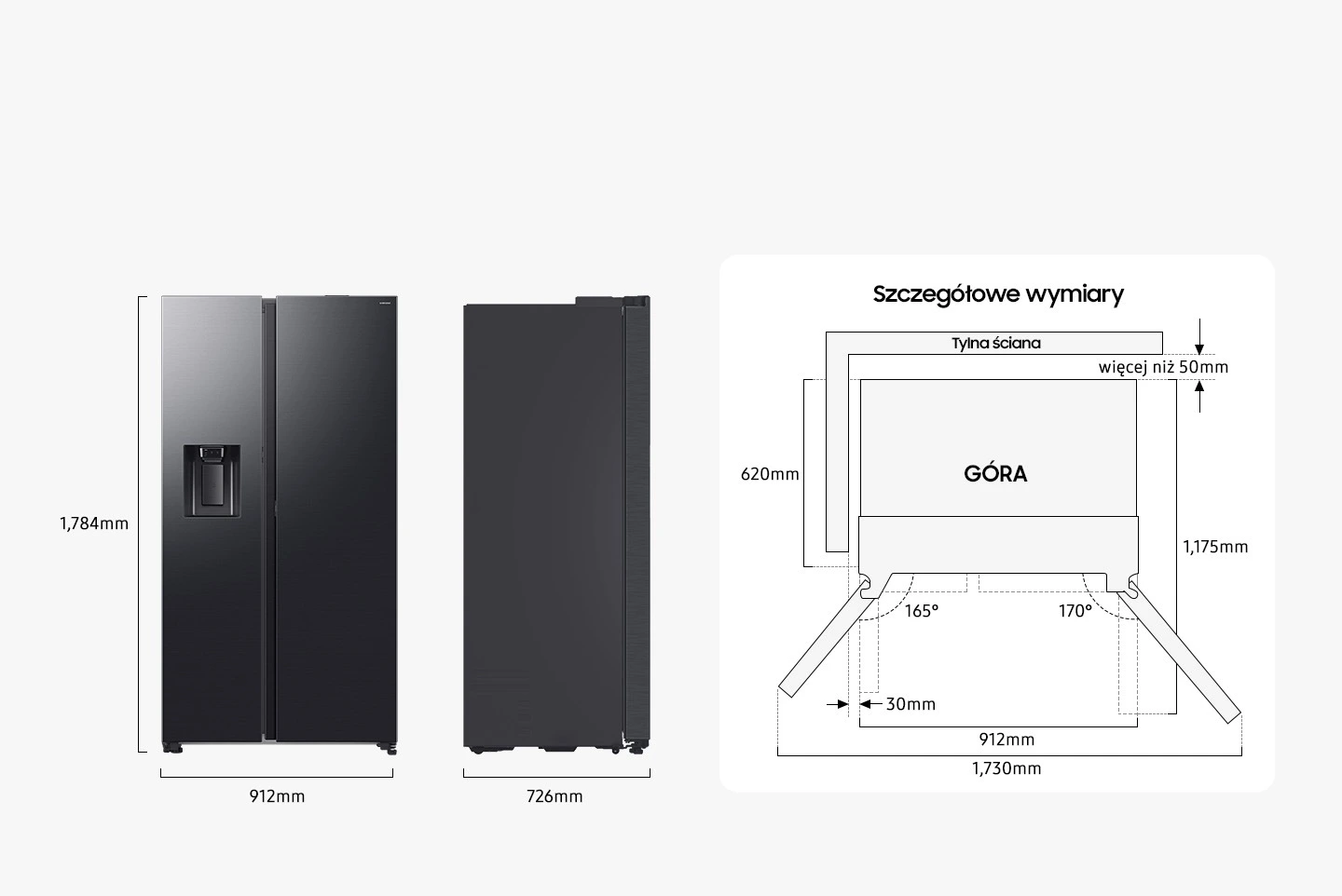 Samsung RS80F66KBFEO — Wymiary i przestrzeń do ustawienia