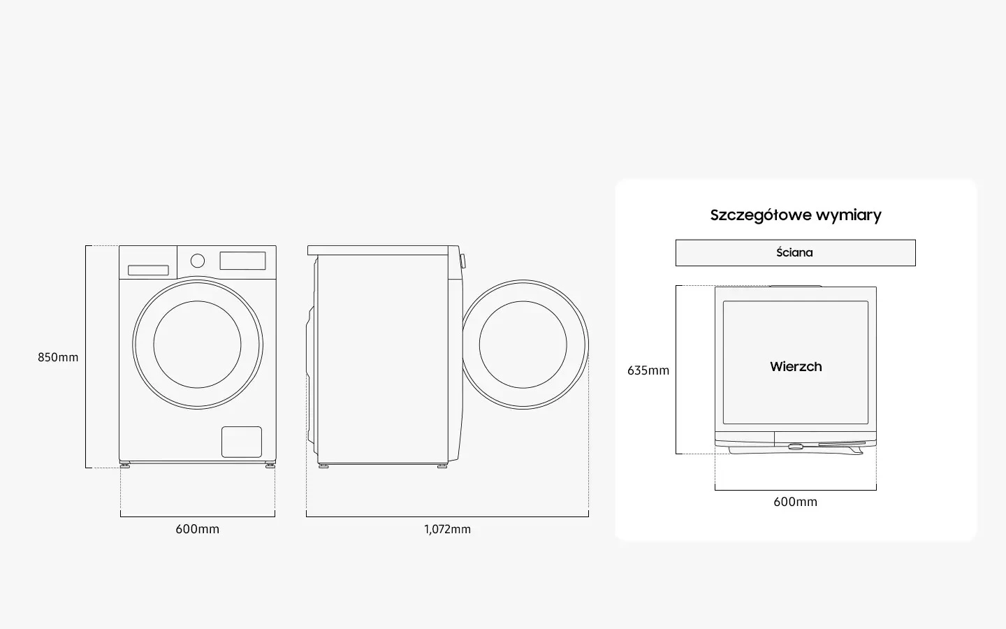 Samsung WW90CGC04DTHEO — Wymiary i przestrzeń do ustawienia