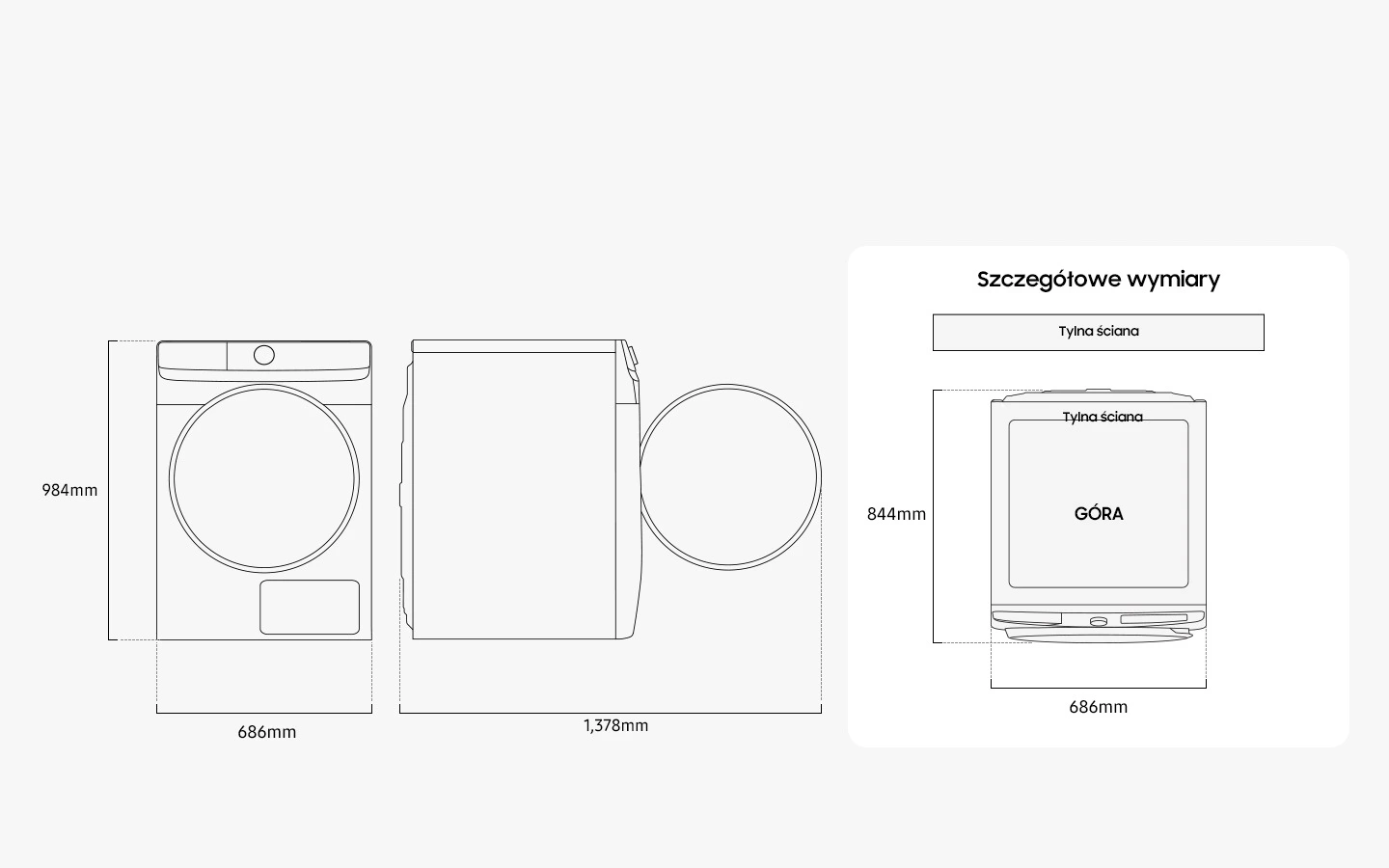 Samsung DV16DG8600BVU4 — Wymiary i przestrzeń do ustawienia
