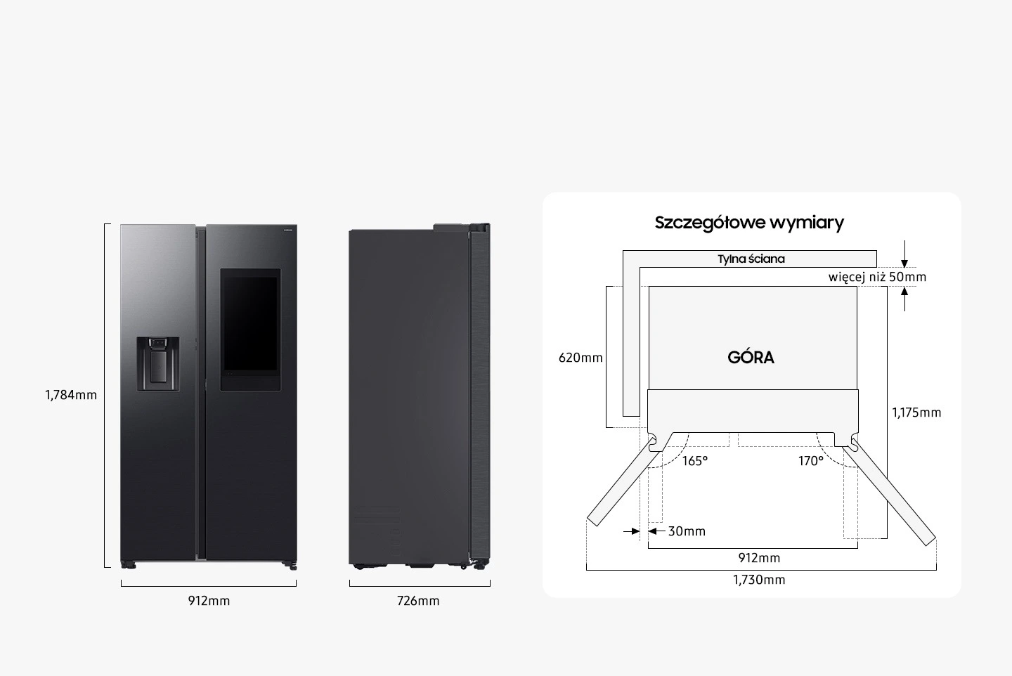 Samsung RS90F66BEFEO — Wymiary i przestrzeń do ustawienia