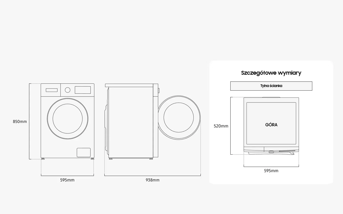 Samsung WW80FG3M05AWEO — Wymiary i przestrzeń do ustawienia